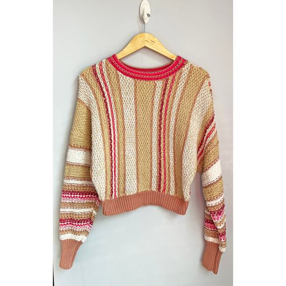 Free People Sweaters - FREE PEOPLE sz S tan and pink vertical stripe chunky knit sweater EUC